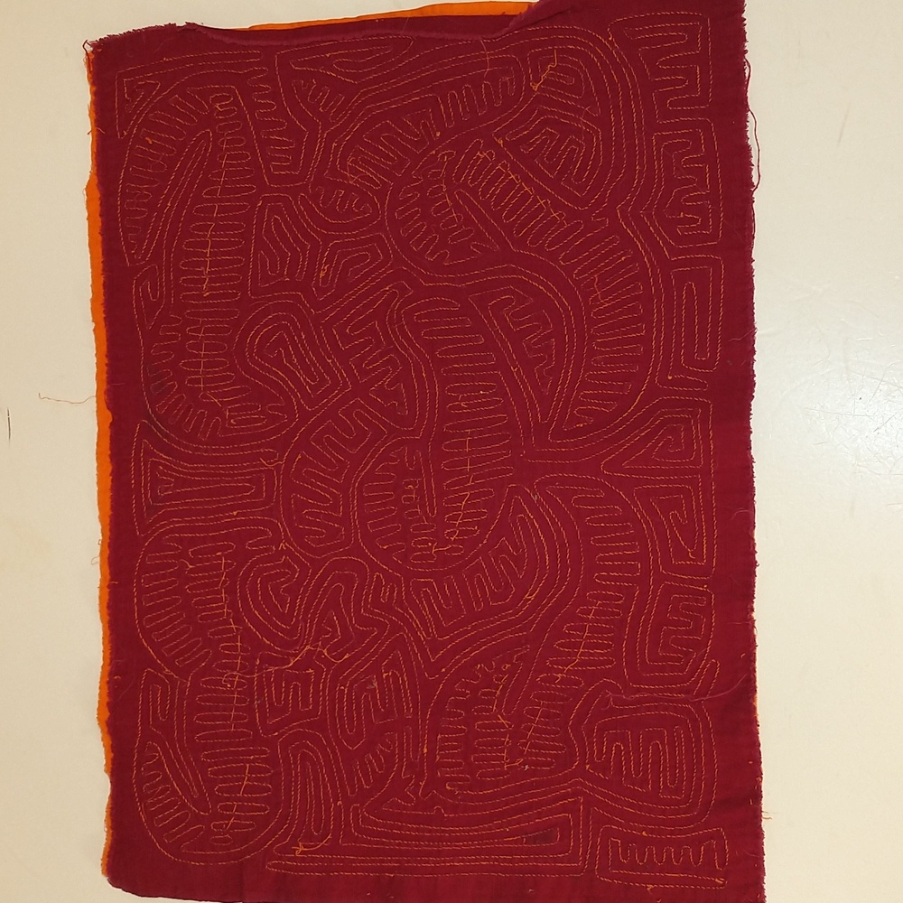 Escher Like Mola Orange & Red Abstract and Vibrant Hand Crafted Textile 15x19 - Picture 7 of 9